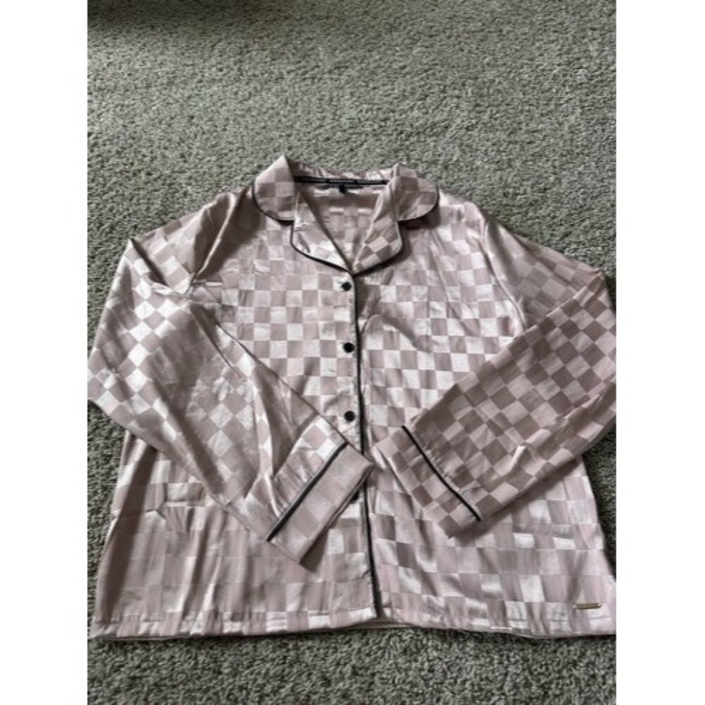 BCBG MAXAZRIA Womens Long Sleeve button up Sleepwear Check Pattern Size XL Blush